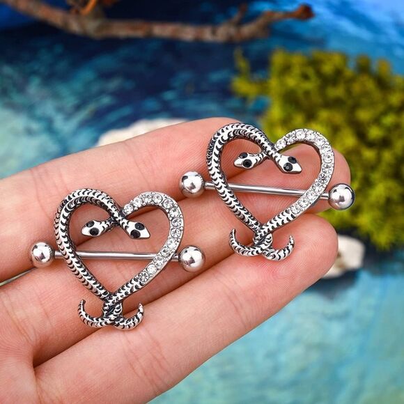 14G 316L Silver Crystal Heart Snake Nipple Rings - Set of 2 - Picture 3 of 4